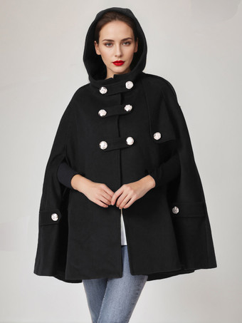 ブラック フード付きウールブレンドケープコート ダークネイビー ダブルブレスト オーバーサイズ 冬用ポンチョ レディース 2025