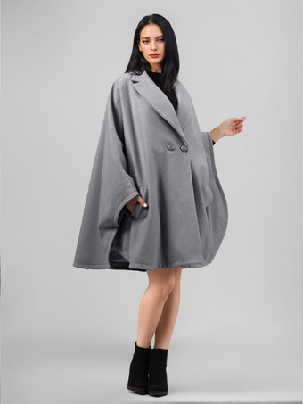 グレイウールブレンドケープコート ダークネイビー ラペル オーバーサイズ ポンチョ 冬アウター レディース 2025
