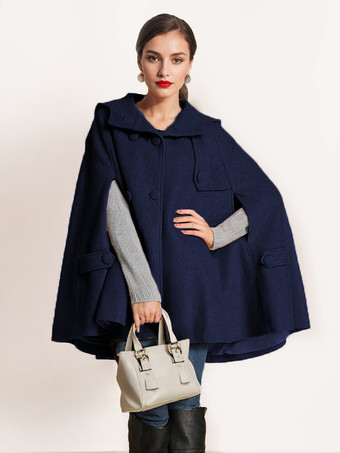 ダークネイビーキャメル フード付きウールケープコート レディース オーバーサイズ ポンチョ 冬アウター 2025