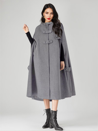 ウールブレンドケープコート レディース フード付き グレー オーバーサイズ ロング ポンチョ アウターウェア 2025