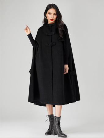 ブラック ウールブレンドケープコート レディース フード付き グレー オーバーサイズ ロング ポンチョ アウターウェア 2025