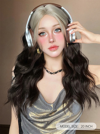 Peluca larga para mujer color topo rizada resistente al calor de fibra elegante con reflejos pelucas sintéticas largas