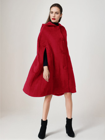 レッド フード付きブラックウールケープコート オーバーサイズポンチョ 冬アウター レディース 2025