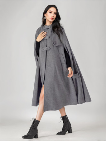 ウールブレンドケープコート レディース フード付き グレー オーバーサイズ ロング ポンチョ アウターウェア 2025
