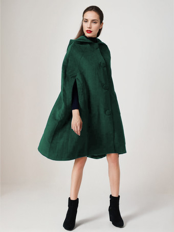 グリーン フード付きブラックウールケープコート オーバーサイズポンチョ 冬アウター レディース 2025