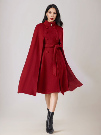 レッド ウールブレンドケープコート レディース スタンドカラー ダークネイビー ベルト付き オーバーサイズ ポンチョ アウターウェア 2025