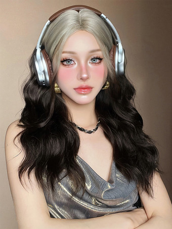 Peluca larga para mujer color topo rizada resistente al calor de fibra elegante con reflejos pelucas sintéticas largas