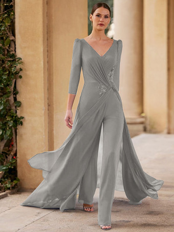 グレイブライダルマザードレス Vネック 3/4丈袖 ジャンプスーツ プリーツ フロアレングス ゲストドレス 結婚式用