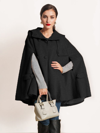 ブラック キャメル フード付きウールケープコート レディース オーバーサイズ ポンチョ 冬アウター 2025