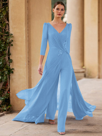 スカイブルー ブライダルマザードレス Vネック 3/4丈袖 ジャンプスーツ プリーツ フロアレングス ゲストドレス 結婚式用