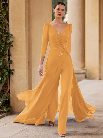 ブライダルマザードレス Vネック 3/4丈袖 ジャンプスーツ プリーツ フロアレングス ゲストドレス 結婚式用