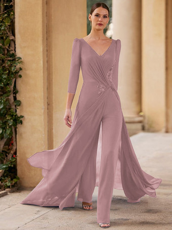 ピンクブライダルマザードレス Vネック 3/4丈袖 ジャンプスーツ プリーツ フロアレングス ゲストドレス 結婚式用