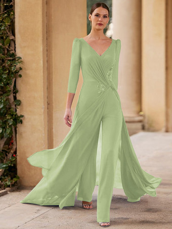 パステルグリーンブライダルマザードレス Vネック 3/4丈袖 ジャンプスーツ プリーツ フロアレングス ゲストドレス 結婚式用