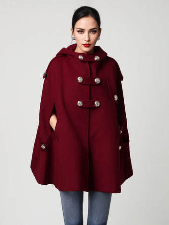 ワインレッド フード付きウールブレンドケープコート ダークネイビー ダブルブレスト オーバーサイズ 冬用ポンチョ レディース 2025