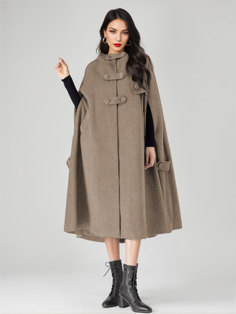 ラクダ色 ウールブレンドケープコート レディース フード付き グレー オーバーサイズ ロング ポンチョ アウターウェア 2025