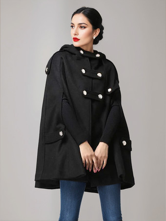 フード付きウールブレンドケープコート ダークネイビー ダブルブレスト オーバーサイズ 冬用ポンチョ レディース 2025