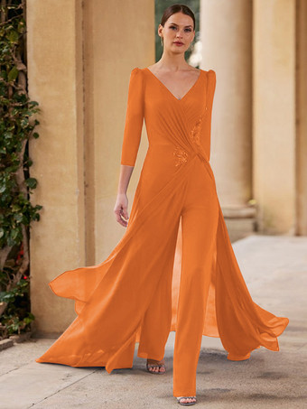 オレンジブライダルマザードレス Vネック 3/4丈袖 ジャンプスーツ プリーツ フロアレングス ゲストドレス 結婚式用