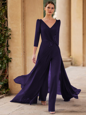 プラムブライダルマザードレス Vネック 3/4丈袖 ジャンプスーツ プリーツ フロアレングス ゲストドレス 結婚式用