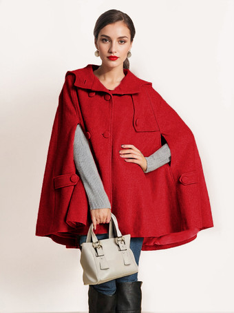 レッド キャメル フード付きウールケープコート レディース オーバーサイズ ポンチョ 冬アウター 2025