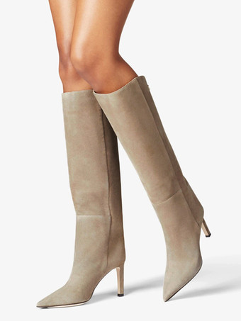アプリコットスエードニーブーツ ハイヒール ポインテッドトゥ ニーハイブーツ