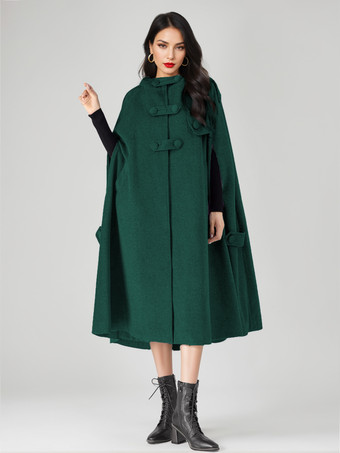 グリーン ウールブレンドケープコート レディース フード付き グレー オーバーサイズ ロング ポンチョ アウターウェア 2025