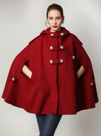 レッド フード付きウールブレンドケープコート ダークネイビー ダブルブレスト オーバーサイズ 冬用ポンチョ レディース 2025