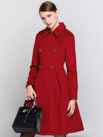 レッド フレアウールコート バーガンディ ダブルブレスト ターンダウンカラー Aライン 冬 ミディ丈 アウターウェア レディース 2025
