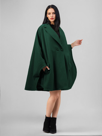 グリーン ウールブレンドケープコート ダークネイビー ラペル オーバーサイズ ポンチョ 冬アウター レディース 2025