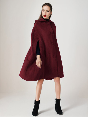 ワインレッド フード付きブラックウールケープコート オーバーサイズポンチョ 冬アウター レディース 2025