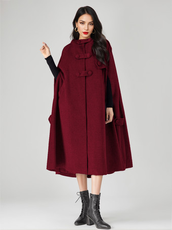 ワインレッド ウールブレンドケープコート レディース フード付き グレー オーバーサイズ ロング ポンチョ アウターウェア 2025