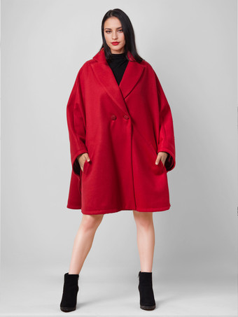 レッド ウールブレンドケープコート ダークネイビー ラペル オーバーサイズ ポンチョ 冬アウター レディース 2025