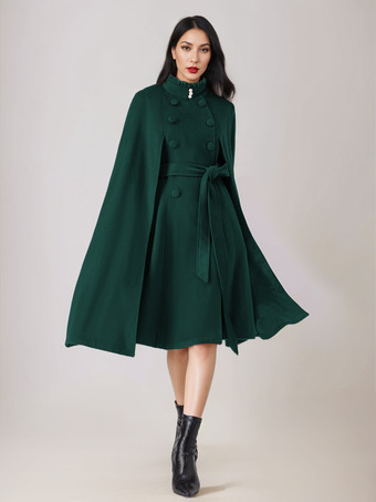 グリーン ウールブレンドケープコート レディース スタンドカラー ダークネイビー ベルト付き オーバーサイズ ポンチョ アウターウェア 2025