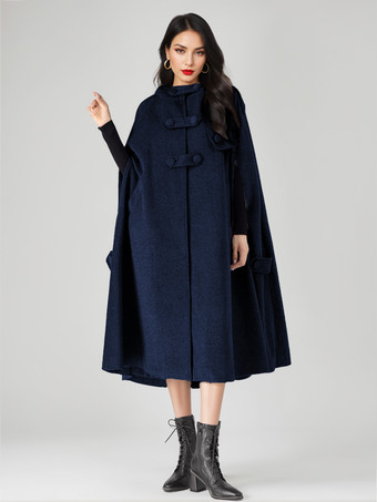 ダークネイビーウールブレンドケープコート レディース フード付き グレー オーバーサイズ ロング ポンチョ アウターウェア 2025