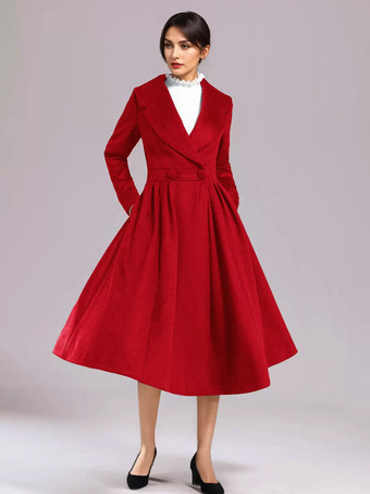 レッド ウールブレンド フレアコート ブラック ワイドラペル Aライン 冬 ミディ丈 アウターウェア レディース 2025