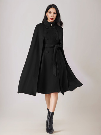 ブラック ウールブレンドケープコート レディース スタンドカラー ダークネイビー ベルト付き オーバーサイズ ポンチョ アウターウェア 2025