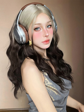 Peluca larga para mujer color topo rizada resistente al calor de fibra elegante con reflejos pelucas sintéticas largas