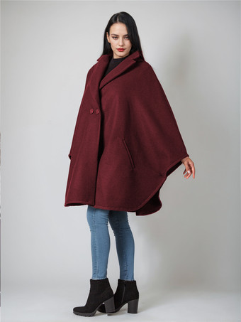 ワインレッド ウールブレンドケープコート ダークネイビー ラペル オーバーサイズ ポンチョ 冬アウター レディース 2025