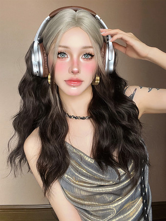 Peluca larga para mujer color topo rizada resistente al calor de fibra elegante con reflejos pelucas sintéticas largas