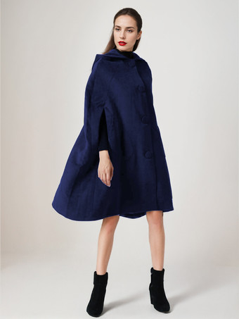 ダークネイビーフード付きブラックウールケープコート オーバーサイズポンチョ 冬アウター レディース 2025