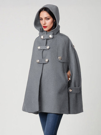 グレイフード付きウールブレンドケープコート ダークネイビー ダブルブレスト オーバーサイズ 冬用ポンチョ レディース 2025