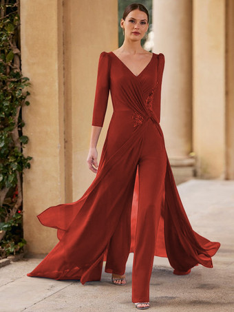 ブリックレッドブライダルマザードレス Vネック 3/4丈袖 ジャンプスーツ プリーツ フロアレングス ゲストドレス 結婚式用