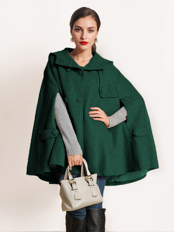 グリーン キャメル フード付きウールケープコート レディース オーバーサイズ ポンチョ 冬アウター 2025