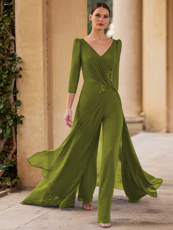 オリーブグリーンブライダルマザードレス Vネック 3/4丈袖 ジャンプスーツ プリーツ フロアレングス ゲストドレス 結婚式用
