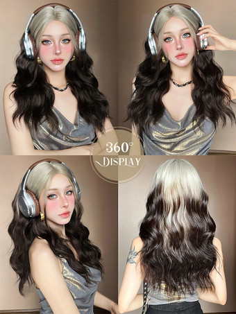 Peluca larga para mujer color topo rizada resistente al calor de fibra elegante con reflejos pelucas sintéticas largas