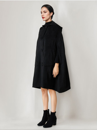 フード付きブラックウールケープコート オーバーサイズポンチョ 冬アウター レディース 2025