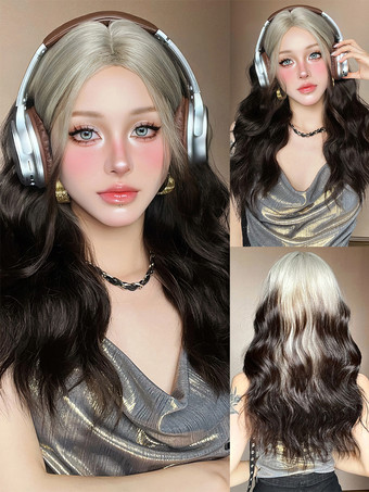 Gris pardoPeluca larga para mujer color topo rizada resistente al calor de fibra elegante con reflejos pelucas sintéticas largas