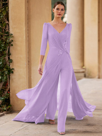 ライラックブライダルマザードレス Vネック 3/4丈袖 ジャンプスーツ プリーツ フロアレングス ゲストドレス 結婚式用