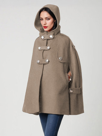 ラクダ色 フード付きウールブレンドケープコート ダークネイビー ダブルブレスト オーバーサイズ 冬用ポンチョ レディース 2025