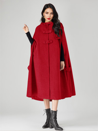 レッド ウールブレンドケープコート レディース フード付き グレー オーバーサイズ ロング ポンチョ アウターウェア 2025