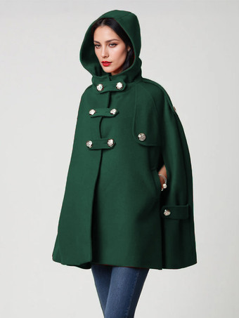 グリーン フード付きウールブレンドケープコート ダークネイビー ダブルブレスト オーバーサイズ 冬用ポンチョ レディース 2025